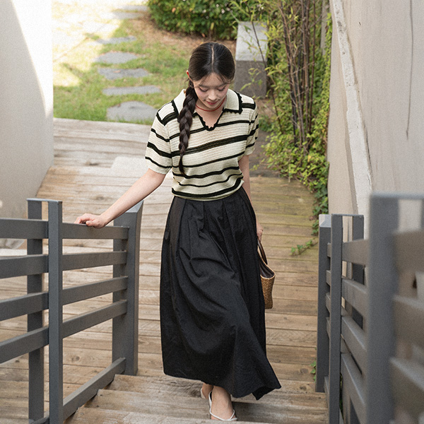 오픈 Collar lace horizontal striped Knitwear