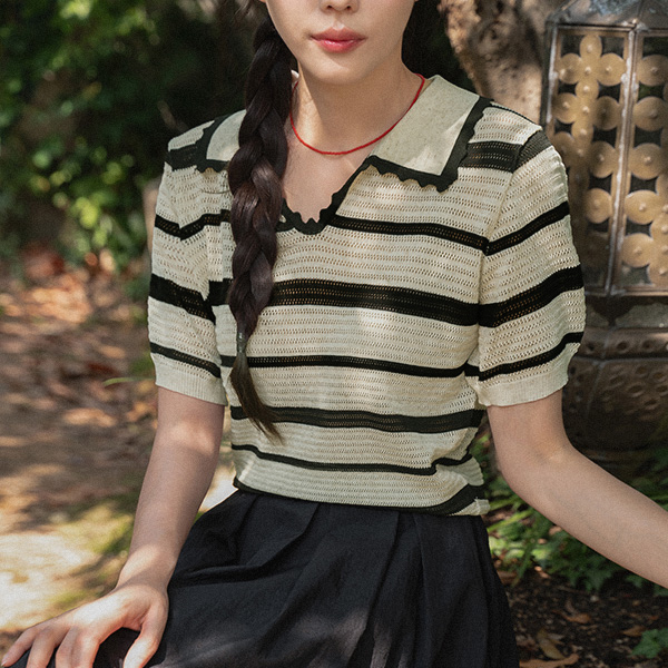 오픈 Collar lace horizontal striped Knitwear