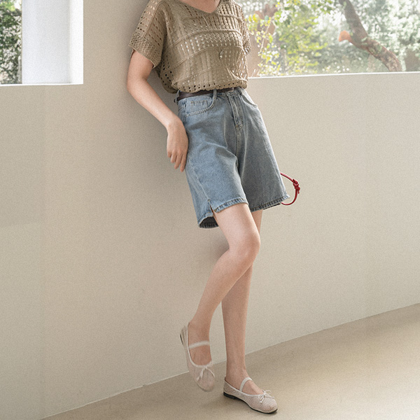 Belt 4부 절개 Denim Pants