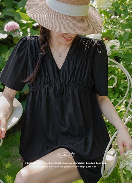 V Shirring Short-sleeve Blouse Korea