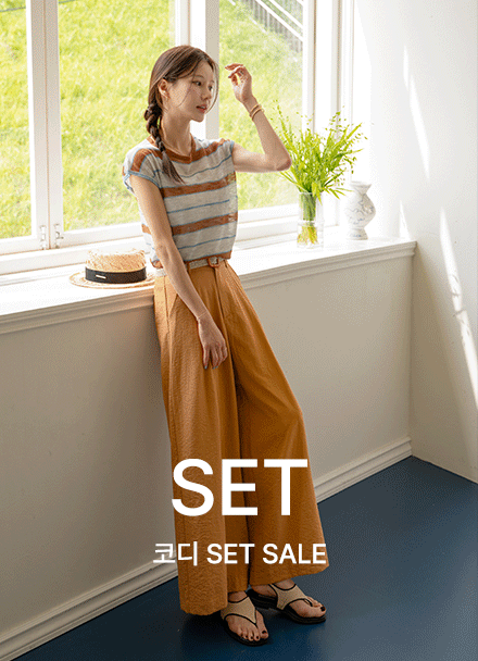 [코디set] 무이 horizontal striped Sleeveless shirts Knitwear+Summer 라탄벨트 와이드 Pants Korea