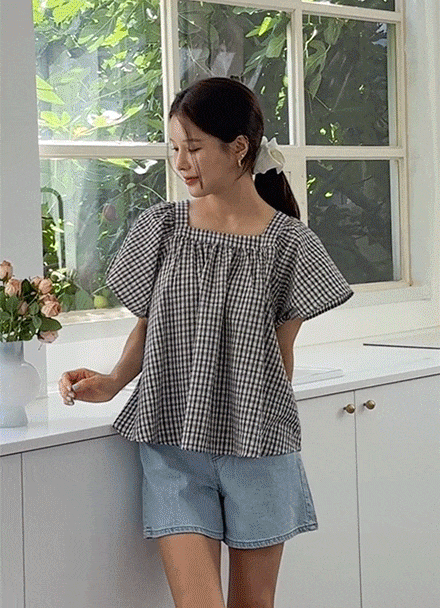 Seersucker Square Check Blouse Korea