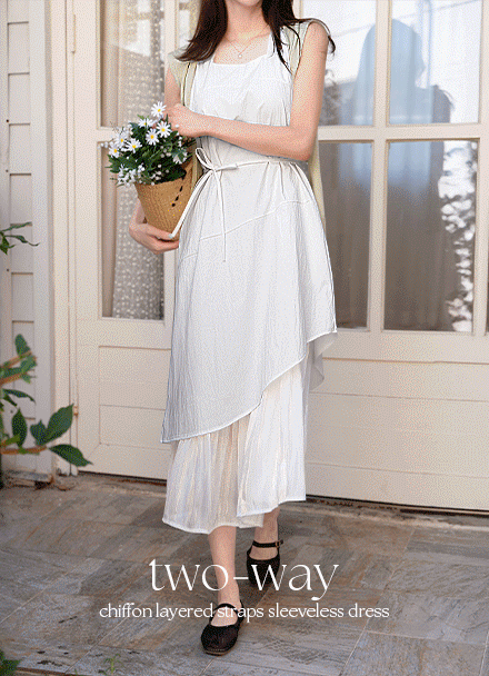 Chiffon layered String Sleeveless shirts Dress Korea