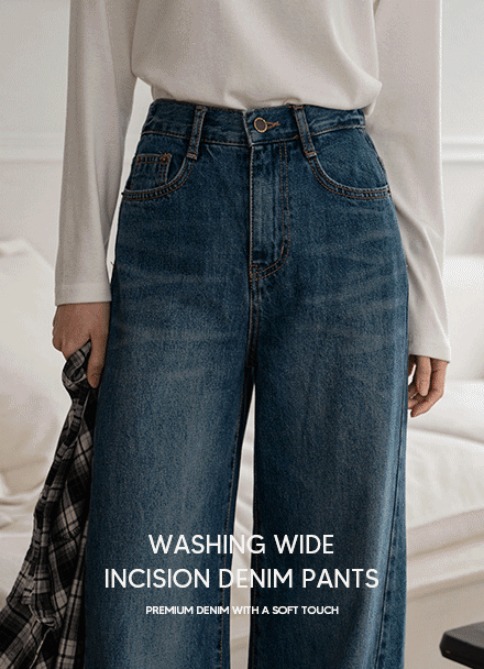 Washing 와이드 절개 Denim Pants Korea