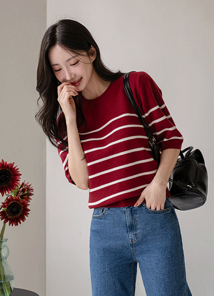 Soft horizontal striped Short-sleeve Knitwear Korea