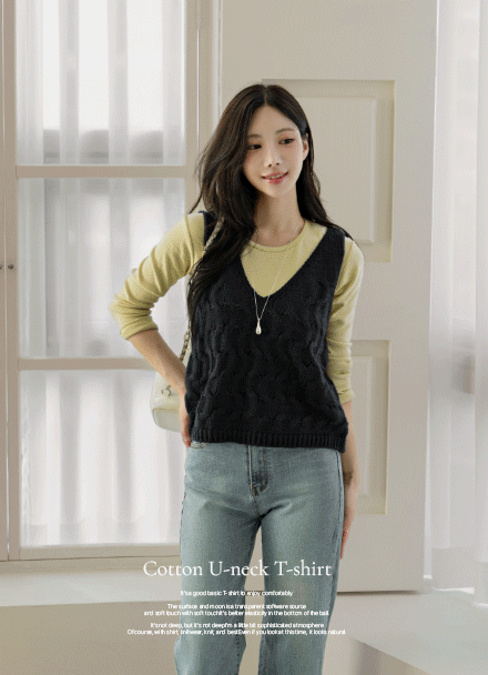 코튼 모달 U넥 Long-sleeve T-shirt Korea