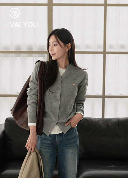 [valyou] Neck Slit Gold Logo Cardigan Korea