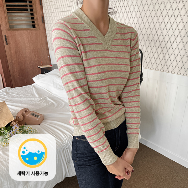 [valyou] Washable Wool Cashmere V-Neck Horizontal Striped Knitwear
