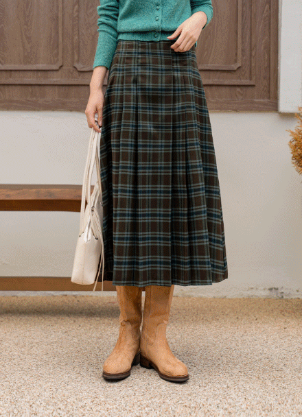 Check color combination Pleats Long Skirt Korea