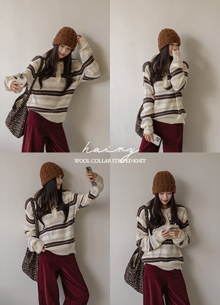 Hairy Wool Collar Horizontal Striped Knitwear Korea