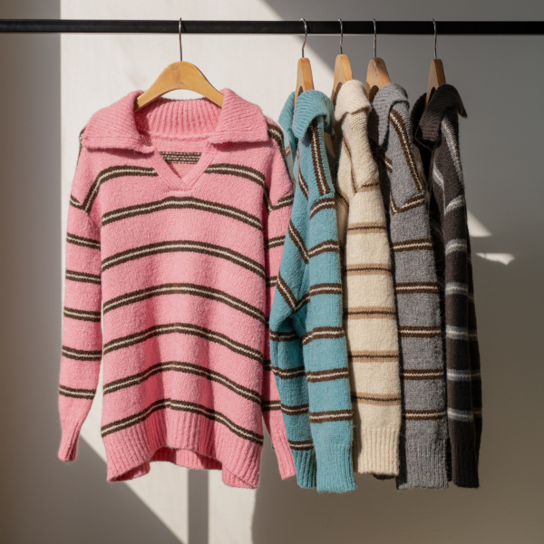 Open Neck Stripe Collar Knitwear