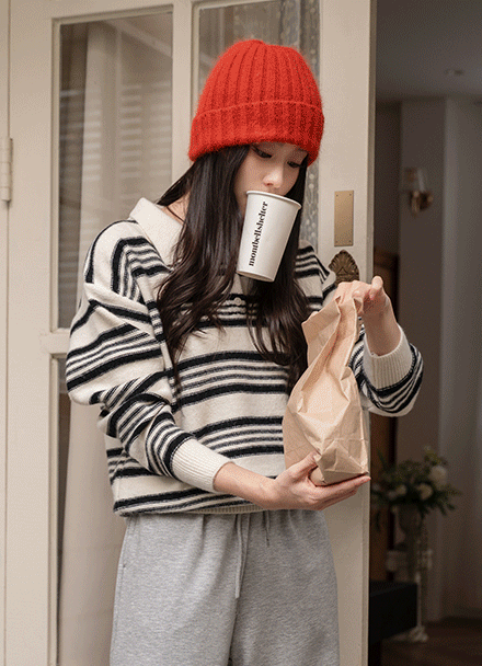 로잉 Stripe Wool Collar Knitwear Korea