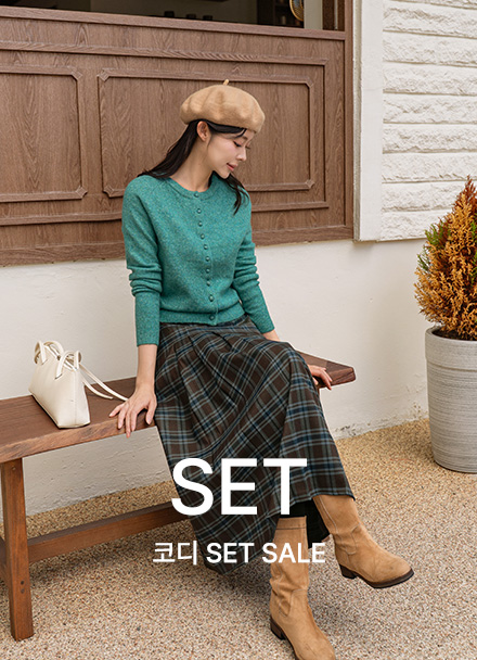 [코디set] 이브 Wool Round Knitwear Cardigan+Check color combination Pleats Long Skirt Korea