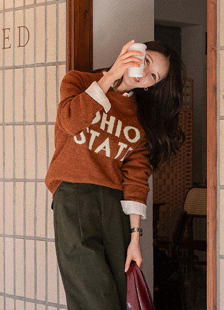 State Lettering Wool Round Knitwear Korea