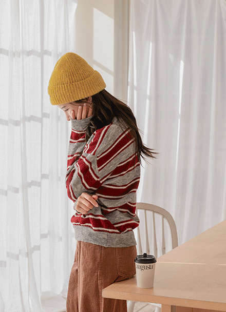 Fluffy Wool Stripe Color Matching Knitwear Korea