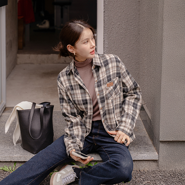 Leather Patch fleece lined Check Shirt