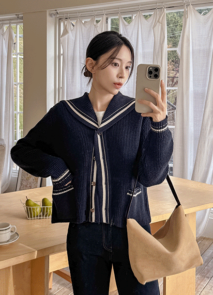 Wool color combination 세라 Collar Cardigan Korea