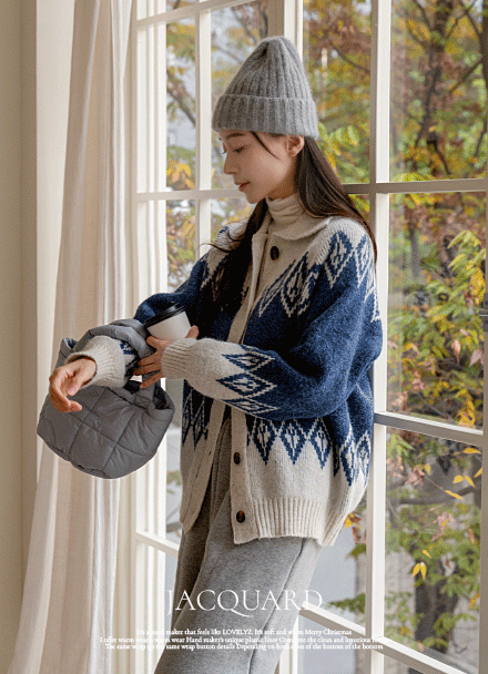 자가드 Wool Collar Knitwear Cardigan Korea