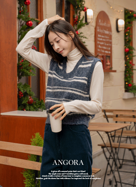 Angora Hairy Horizontal Striped Wool Knitwear Vest Korea