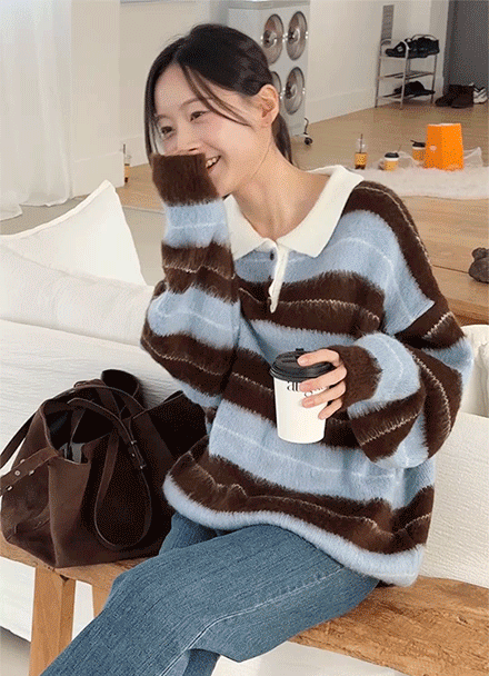 Over Brush Horizontal Striped Collar Knitwear Korea