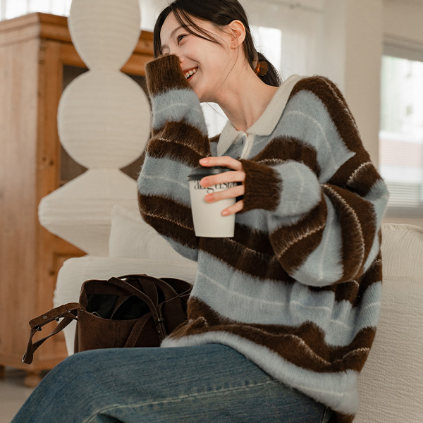 Over Brush Horizontal Striped Collar Knitwear