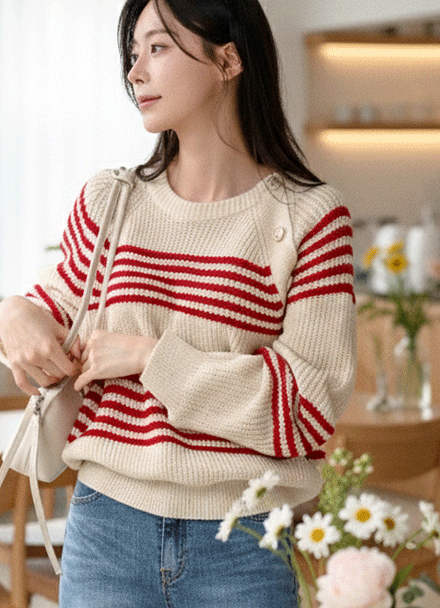 And horizontal striped Button Knitwear Korea