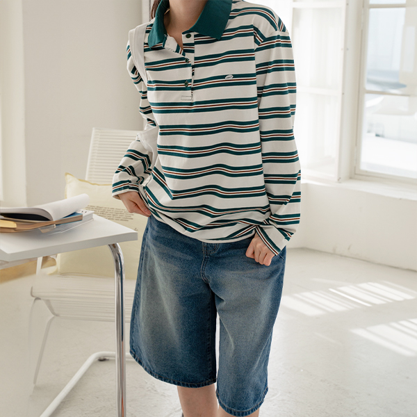 Coi Pendant Horizontal Striped Collared T-shirt