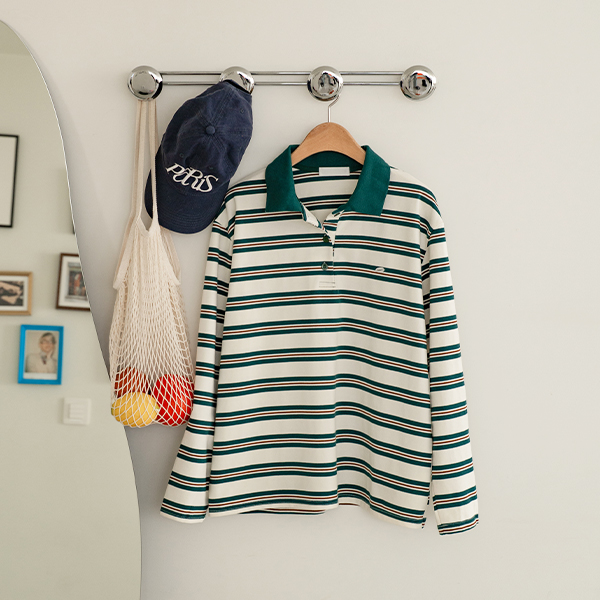 Coi Pendant Horizontal Striped Collared T-shirt