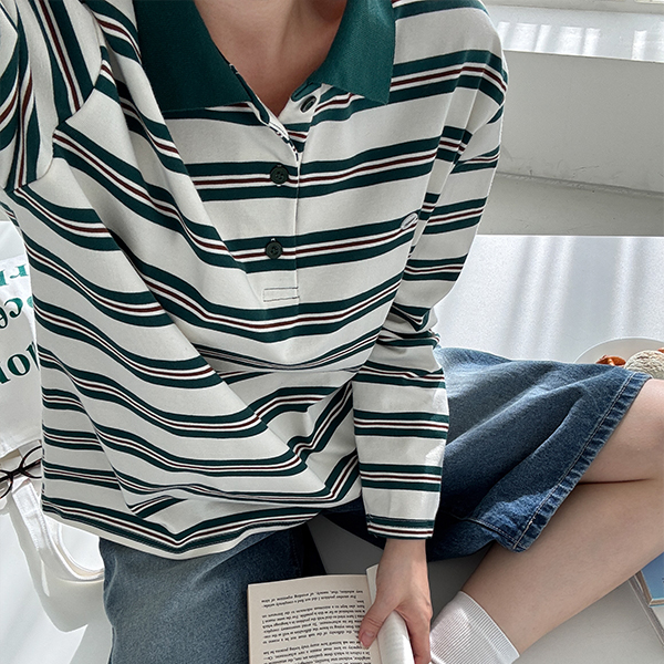 Coi Pendant Horizontal Striped Collared T-shirt