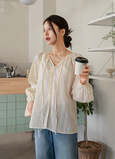 May Embroidery V-neck Blouse Korea