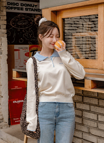 Basic Color Matching Collar Embroidery Knitwear Korea