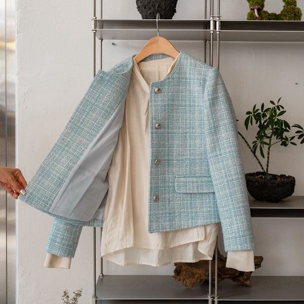 No Collar Pastel Boucle Tweed Jacket