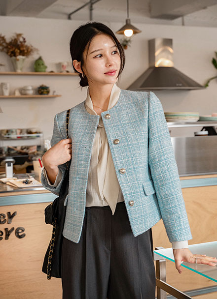 No Collar Pastel Boucle Tweed Jacket Korea