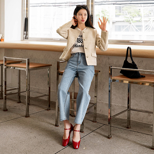 No Collar Pastel Boucle Tweed Jacket