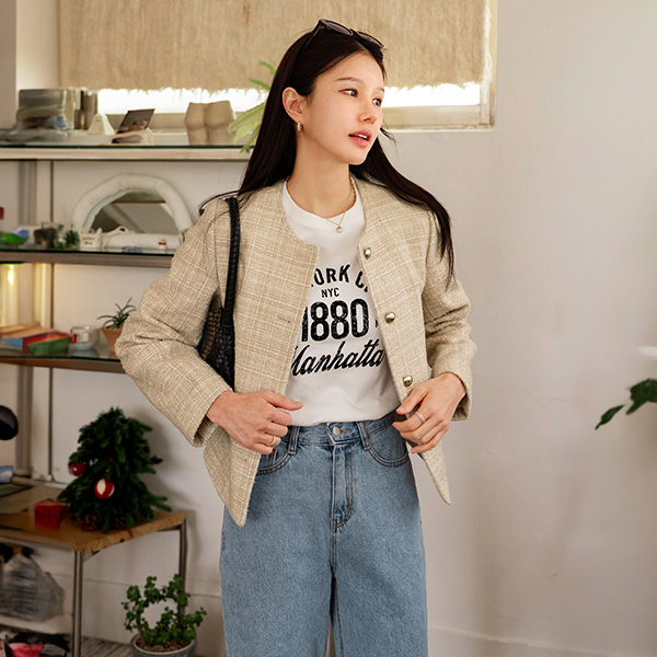 No Collar Pastel Boucle Tweed Jacket