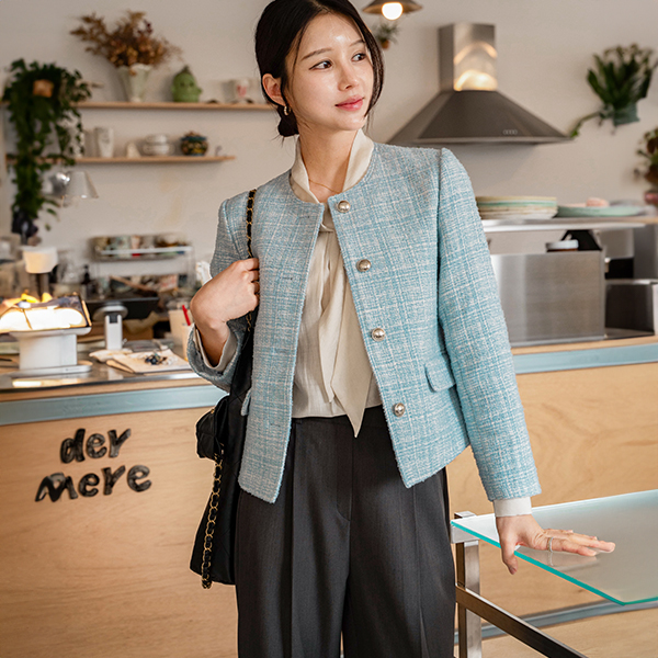 No Collar Pastel Boucle Tweed Jacket