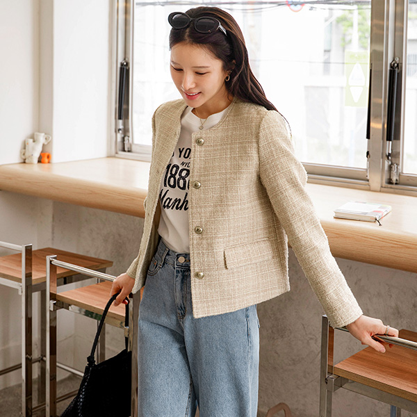 No Collar Pastel Boucle Tweed Jacket