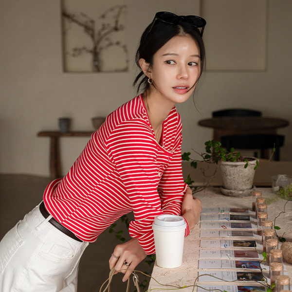 크레용 Stripe 헨리넥 T-shirt