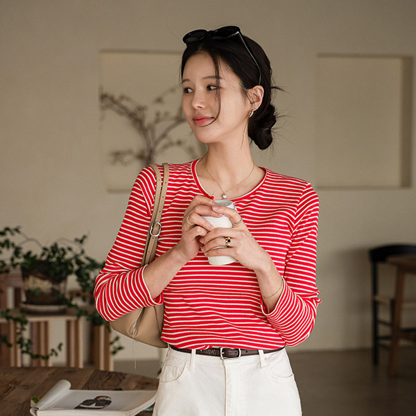 크레용 Stripe 헨리넥 T-shirt