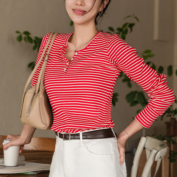 크레용 Stripe 헨리넥 T-shirt