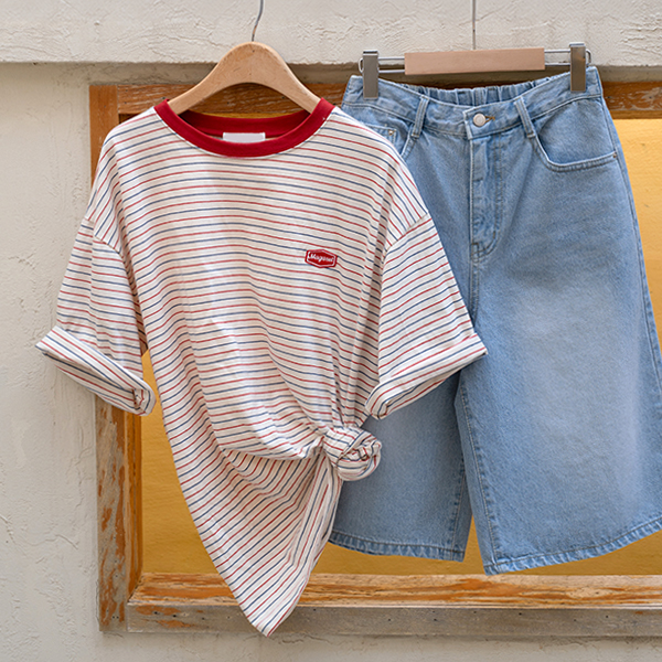 Color Matching horizontal striped 오버 T-shirt