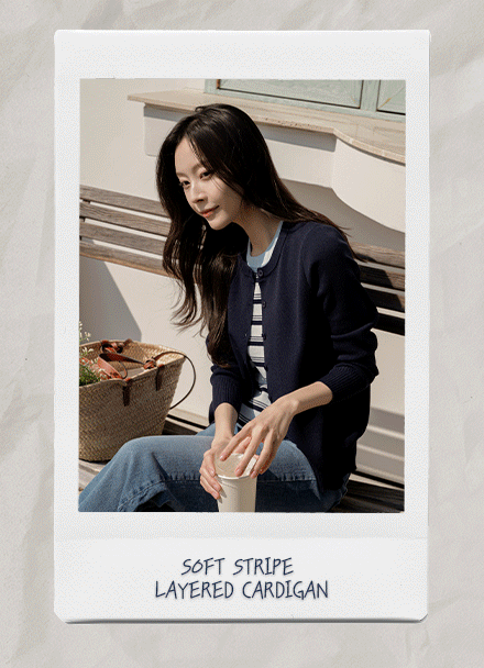 Soft horizontal striped layered Cardigan Knitwear Korea