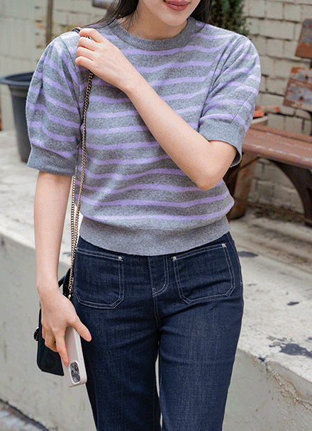 Puff Sleeve Stripe Short-sleeve Knitwear Korea