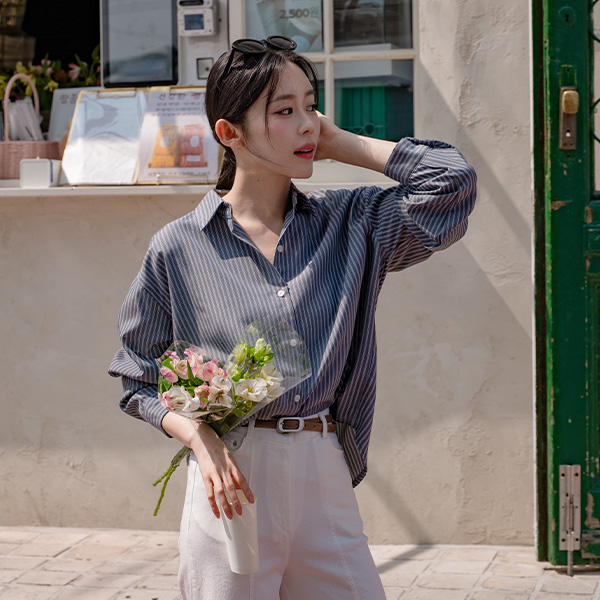 [valyou] Wrinkle Free Embroidery Point Stripe Shirt