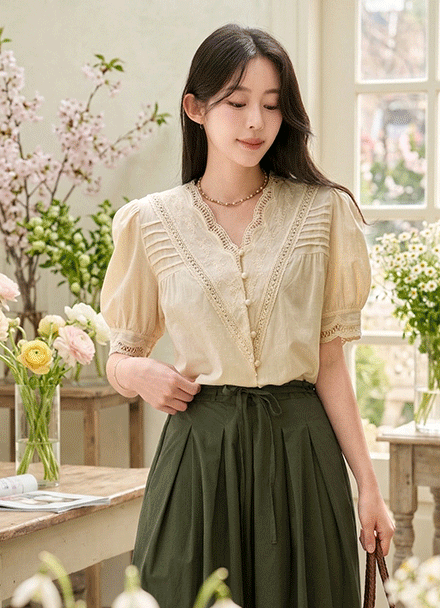 Wave V Embroidered Blouse Korea