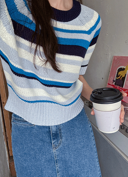 Alpha Multi Horizontal Striped Short-sleeved Knitwear