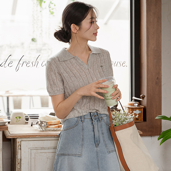 데일리 Collar Punching Short-sleeve Knitwear