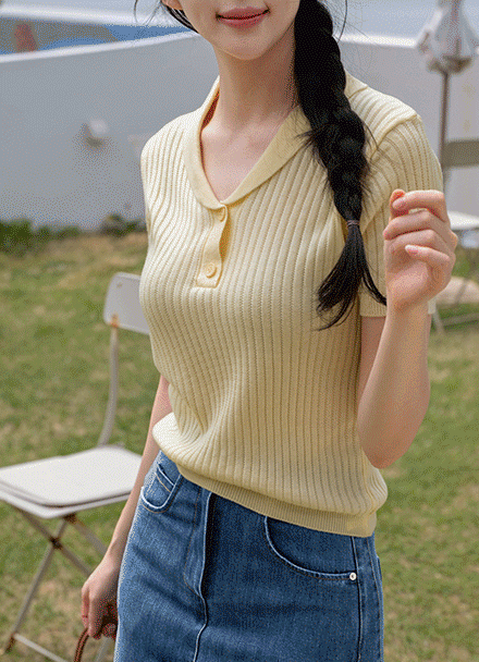 동글 Collar Corrugated Short-sleeve Knitwear Korea