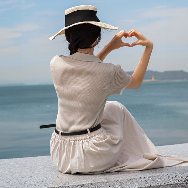 Linen Collar V Short-sleeve Knitwear