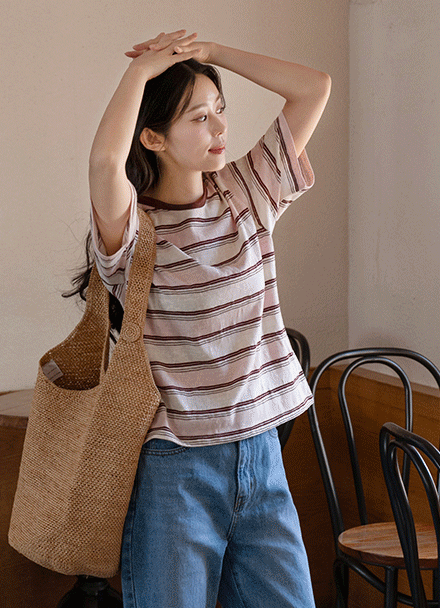 Coco Color Matching Stripe Short-sleeve T-shirt Korea